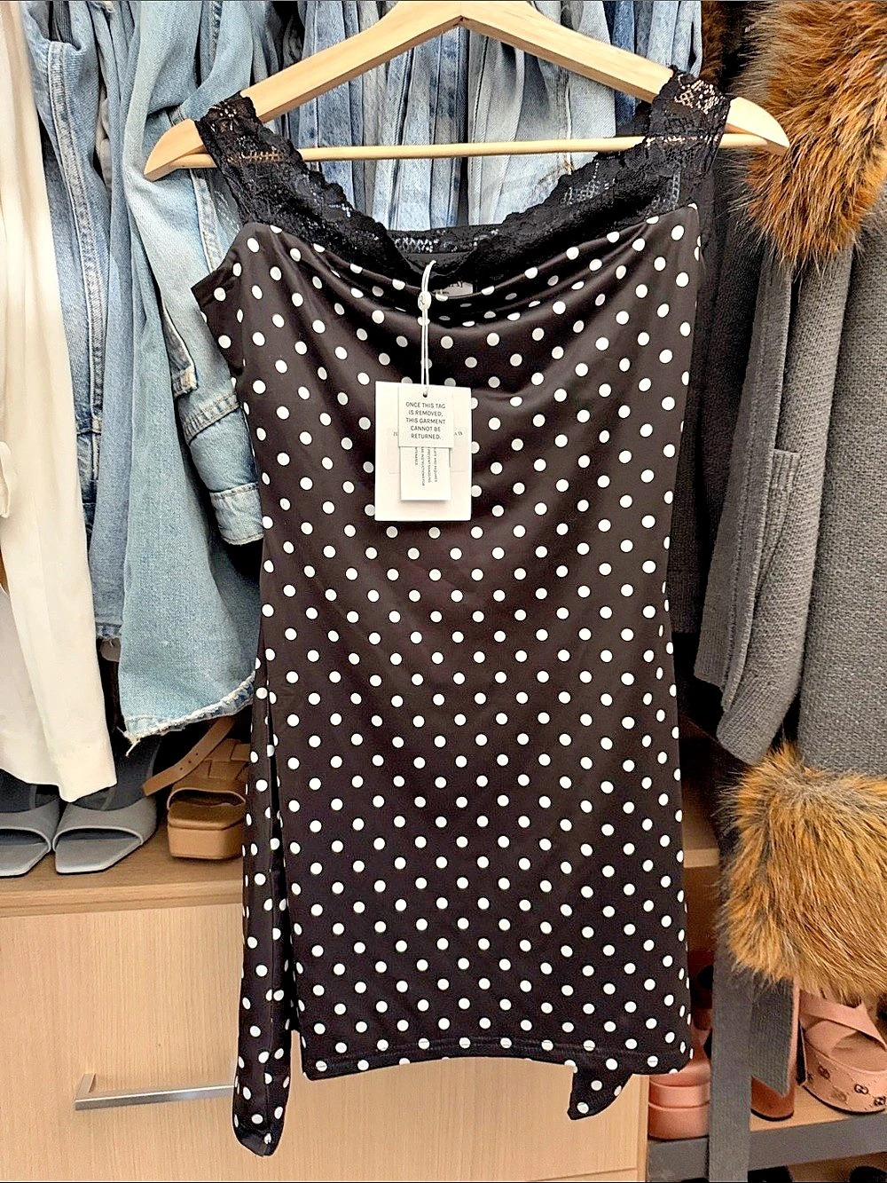 Runaway the label Polka Dot Lace Strap Mini Dress in Black & White
